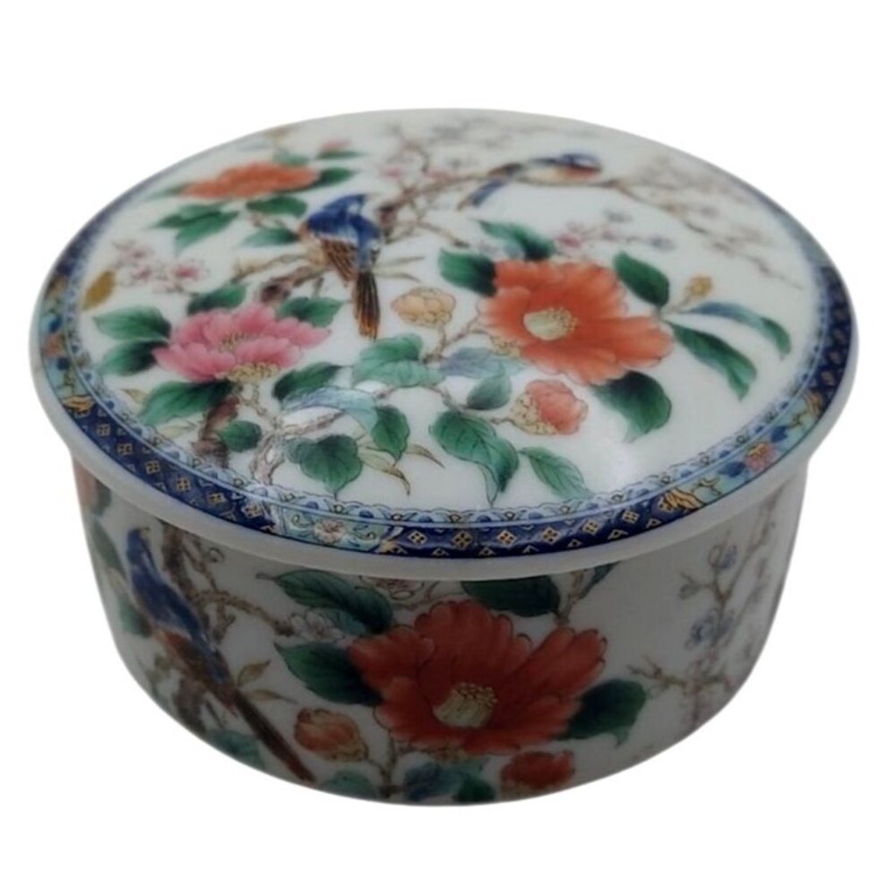 Vintage Japanese Imari Ware Porcelain Round Trinket Dish Bowl & Lid Floral Birds